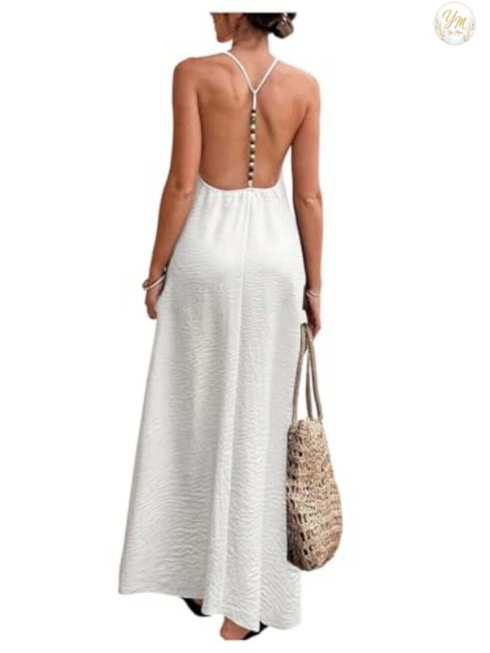Linen Blend Backless Maxi Sundress Beaded Cami Beach Dress